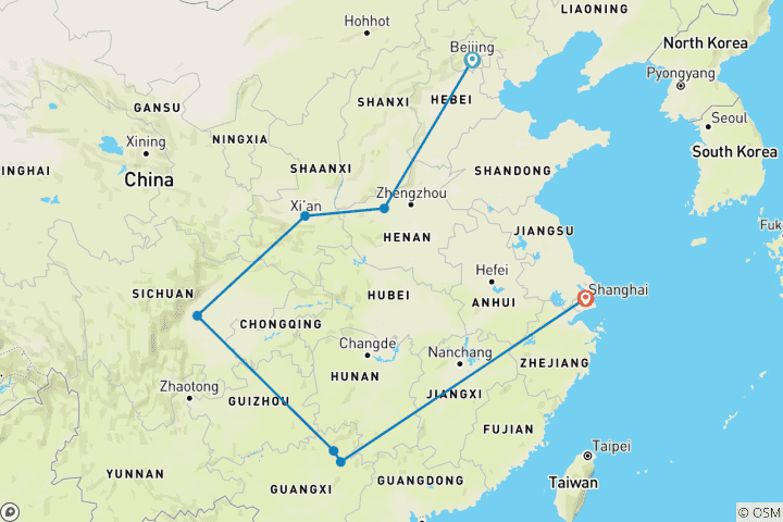 Map of 21 Days Amazing China Kungfu Panda Family Tour (private guide & driver）