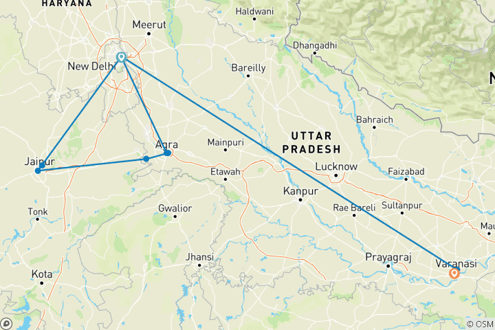 Kaart van 6-daagse Gouden Driehoek Tour met Varanasi