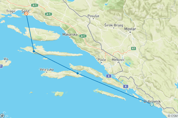 Carte du circuit De Dubrovnik à Split - Croisière Premium de 5 jours