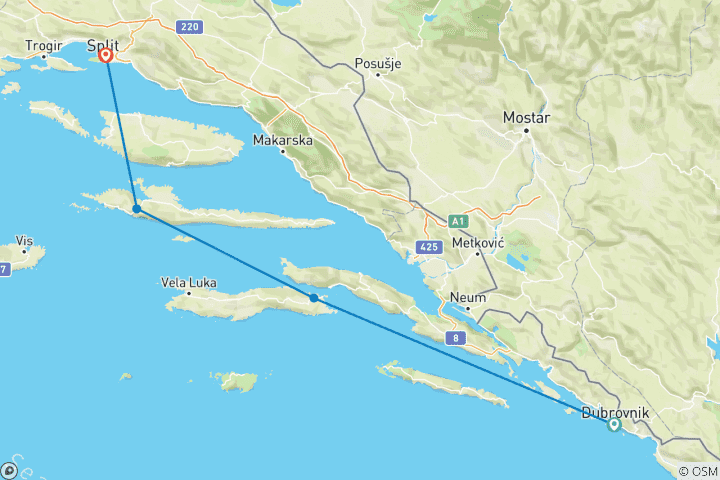 Map of Dubrovnik to Split – 5 day Premium Boat Cruise