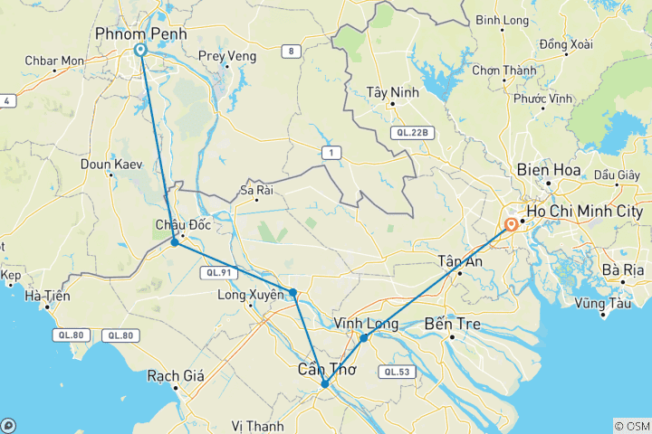 Kaart van Fietsen in de Mekongdelta: Phnom Penh naar Saigon 5 dagen
