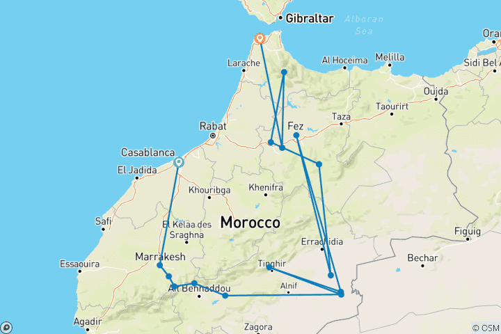 Map of 10-Day Tour From Casablanca  And Chefchaouen Imperial & Desert Tour