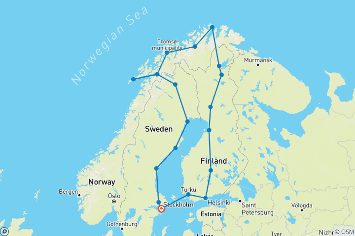 Map of Sweden, Finland, Norway Round Trip Scandinavia 14 Days