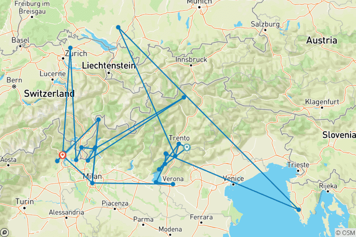 Carte du circuit Autotour Les sept lacs les plus enchanteurs de l'Italie du Nord