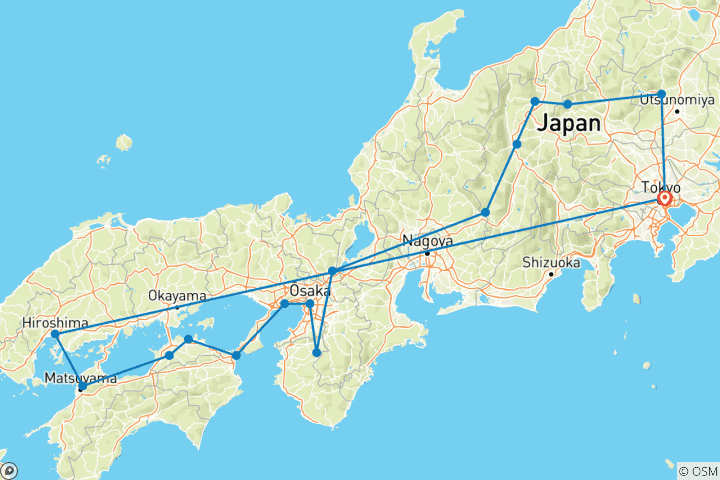 Kaart van Hoofdsteden van Japan rondreis in 10 dagen