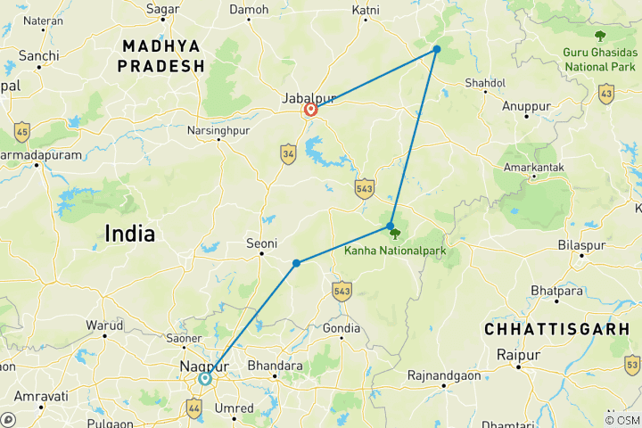 Carte du circuit Circuit de la faune et de la flore du centre de l'Inde