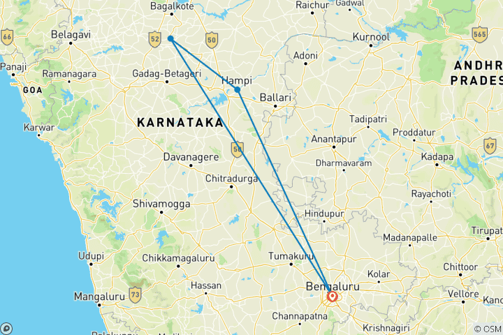 Mapa de Excursión Patrimonio de Hampi Badami desde Bangalore
