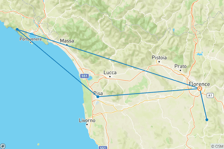 Map of 5 Day Florence Including Chianti Region,Pisa and Cinque Terre