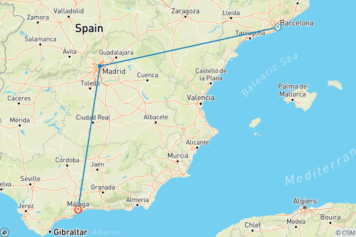 Map of 7 Day Spain Barcelona,Madrid And Malaga