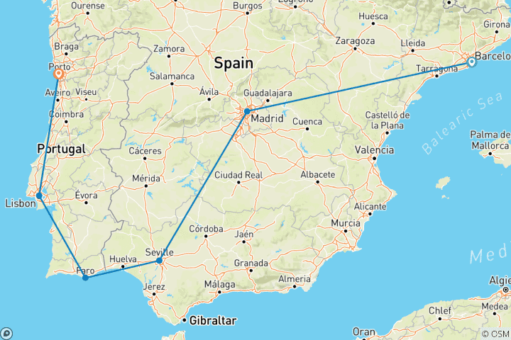 Map of Spain & Portugal: 2 Weeks - Self Guided Rail Tour