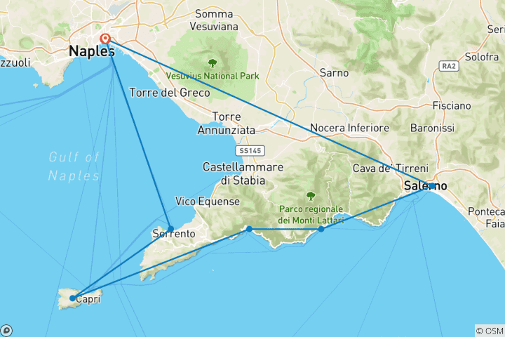 Map of Amalfi Coast: 2 Weeks - Self Guided Rail Tour