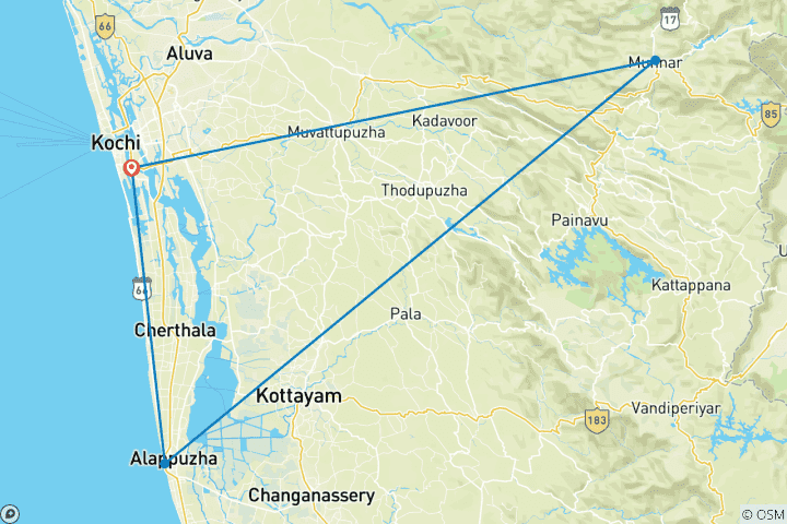 Carte du circuit Au départ de Cochin : Circuit familial au Kerala avec Munnar et Alleppey