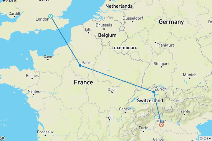 Map of 9 Day From London to Milan by train(London, Paris, Zurich, and Milan.)