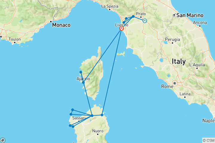 Karte von Autotour Von der Hugellandschaft der Toskana zu den Perlen des Mittelmeeres