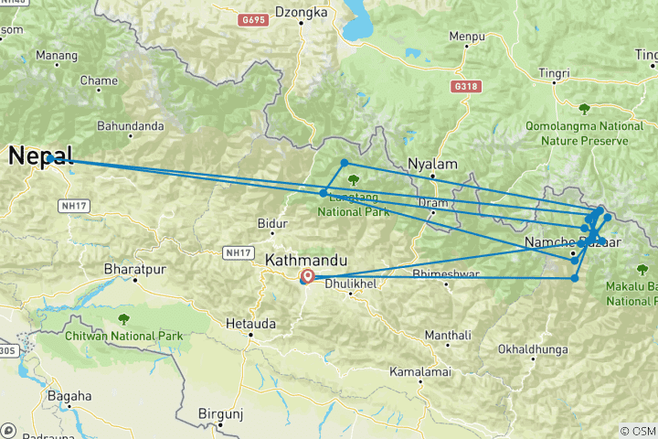 Map of Everest Base Camp Trek (19 destinations)