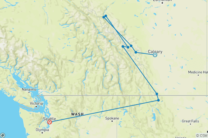 Map of 8-Day USA-Canada National Parks Tour: Banff, Yoho, Columbia Icefield, Jasper, Waterton, Glacier, & Going-to-the-Sun Road | Small Group Tour from Calgary to Seattle