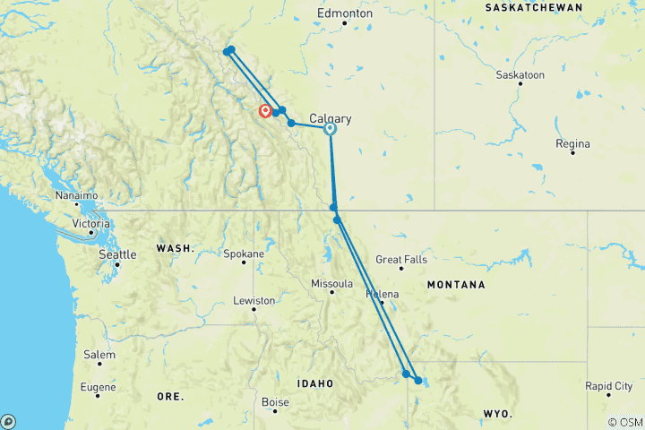 Mapa de Circuito de 10 Días por el Oeste de EE.UU. y las Rocosas Canadienses: Parque Nacional de los Glaciares, Yellowstone, Banff, Jasper y Calgary (ida y vuelta)