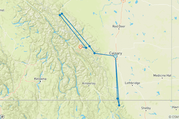 Map of 14-Person Small Group | 7-Day USA-Canada Rockies Tour | Banff, Jasper, Waterton, Glacier, & More | Calgary Round-Trip