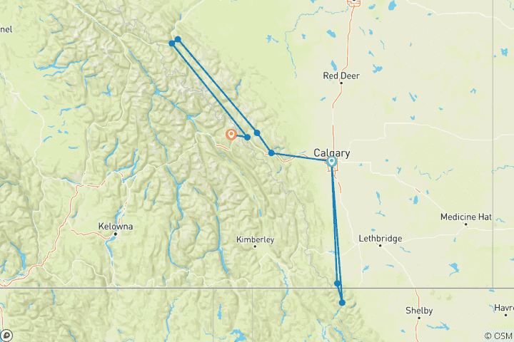 Kaart van 7-daagse Canadese Rockies & USA National Parks Tour | Banff, Jasper, Waterton & Glacier | 14-persoons kleine groep | retour vanuit Calgary