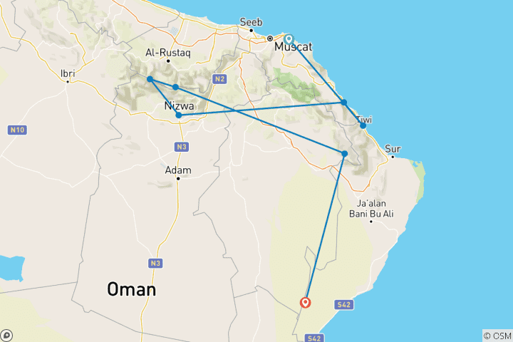 Carte du circuit Les points forts d'Oman : 5 voyages inoubliables