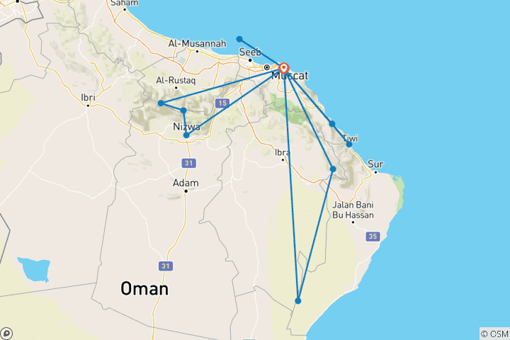 Carte du circuit 6 jours d'exploration d'Oman : Excursions quotidiennes au départ de Mascate