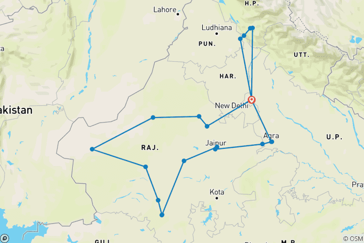 Kaart van Erfgoedreis India met ritje in de speelgoedtrein naar Shimla