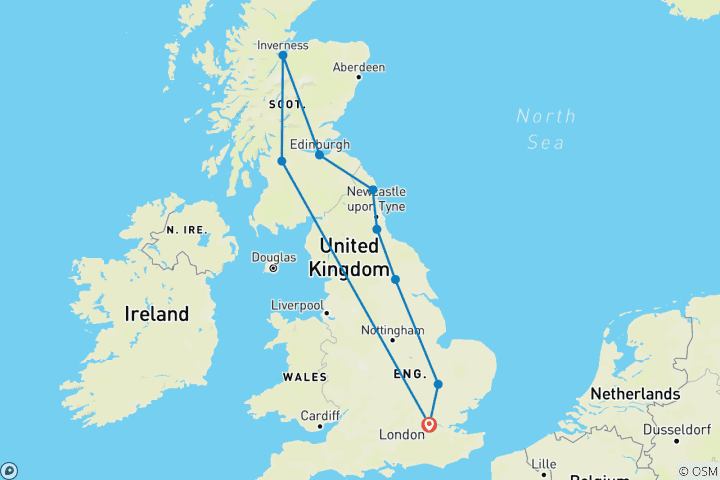 Karte von 10 Tage London und Schottland (London, Cambridge, York, Durham, Edinburgh, und vieles mehr)