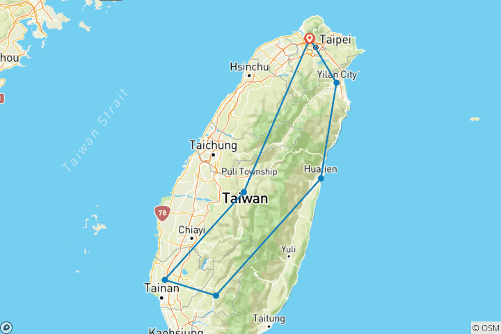 Carte du circuit 12 jours d'exploration de Taïwan : La nature et l'aventure vous attendent