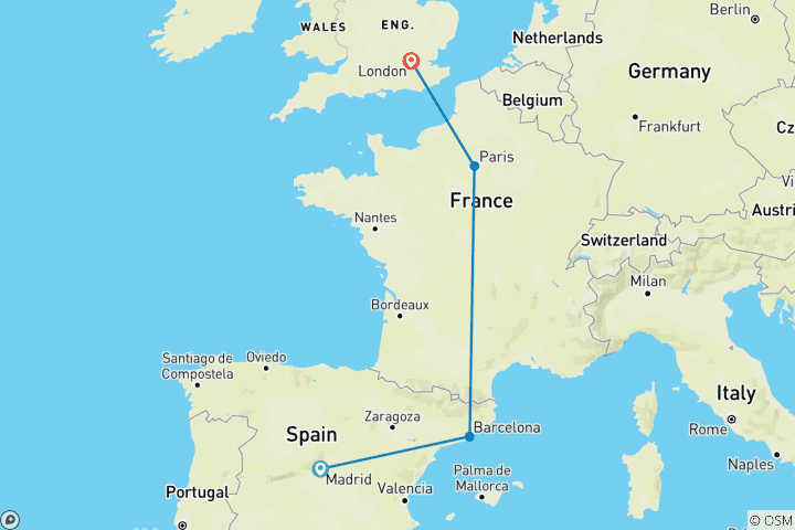 Map of 11 Day European Capitals (Madrid, Barcelona, Paris and London.)