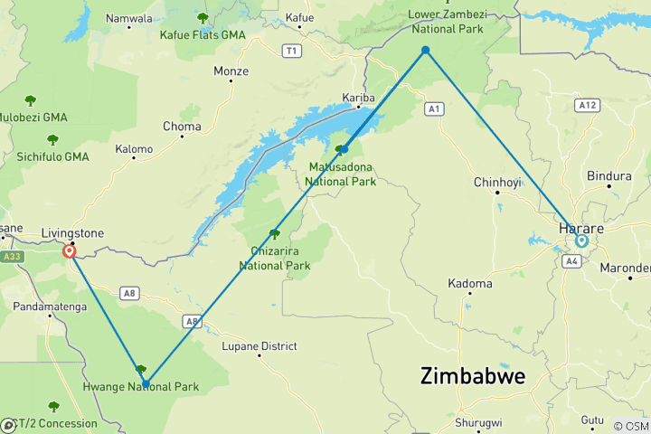 Carte du circuit Le meilleur du Zimbabwe : 9 jours de safari de luxe en avion vers les piscines de Mana, Hwange et les chutes Victoria