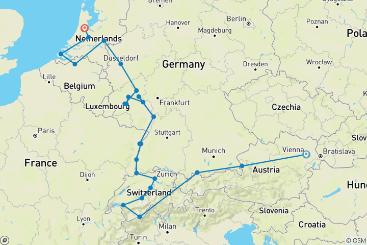 Map of Romantic Rhine & Moselle with Wonders of Switzerland & Austria 2026 - 29 Days (from Vienna to Amsterdam)