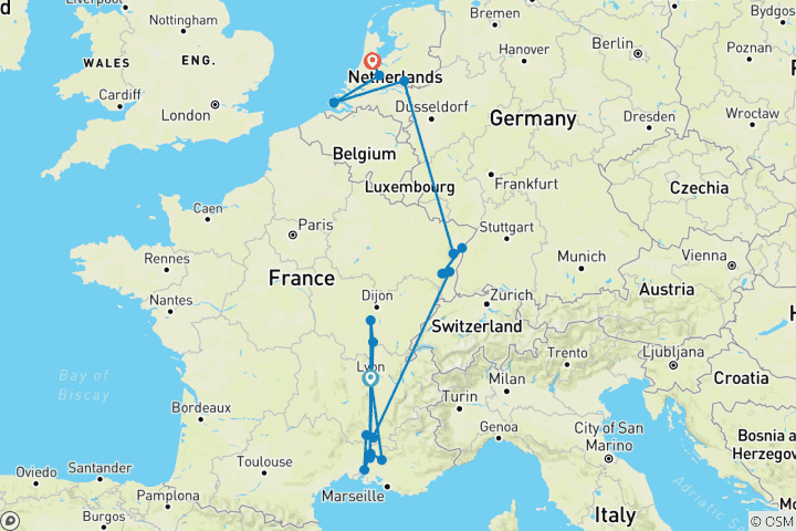 Map of Wondrous Europe 2026 - 25 Days (from Lyon to Amsterdam)