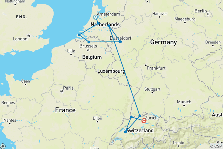 Mapa de Rin y Mosela Románticos 2026 - 15 Días (from Amsterdam to Zúrich)