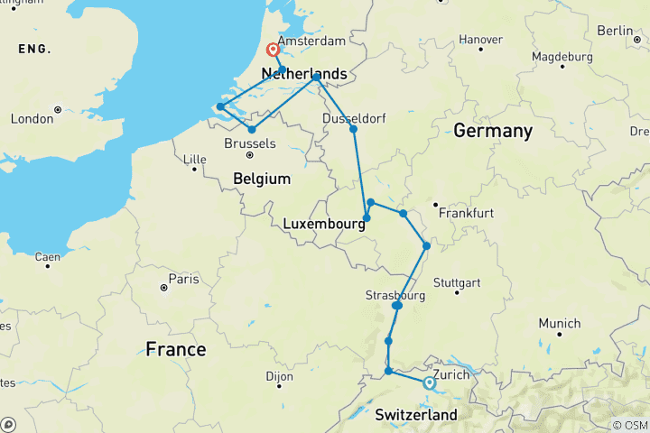 Map of Romantic Rhine & Moselle 2026 - 15 Days (from Zurich to Amsterdam)