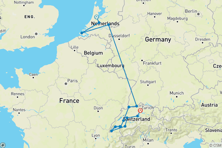 Karte von Romantischer Rhein & Mosel mit Schweiz  - 19 Tage