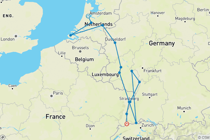 Mapa de Rin y Mosela Románticos 2026 - 15 Días (from Amsterdam to Basilea)