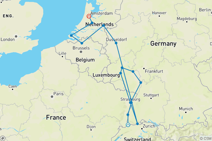 Kaart van Romantische Rijn & Moezel 2026 - 15 Dagen (van Bazel naar Amsterdam)