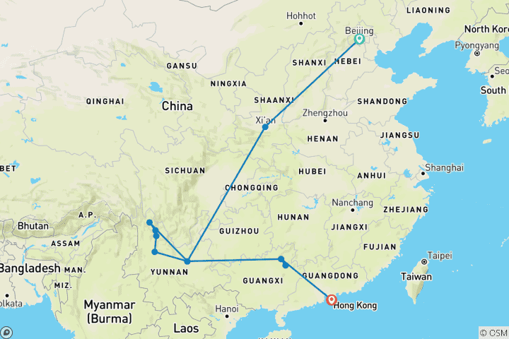 Map of Beijing to Yunnan & Hong Kong - 16 days