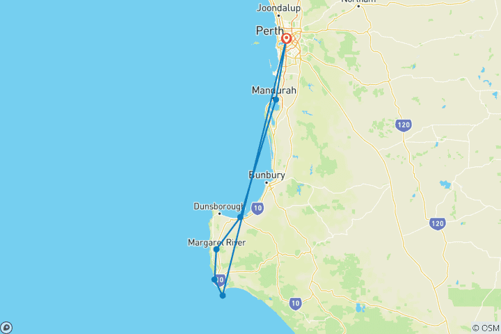 Map of Perth to Margaret River - 3 days