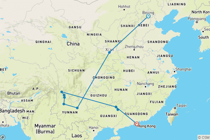 Map of Beijing to Yunnan & Hong Kong (4-5 Star) - 16 days