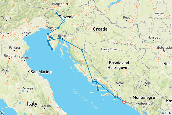 Map of Ljubljana to Dubrovnik - 11 days