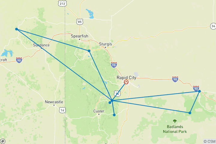 Map of Mount Rushmore & South Dakota's Black Hills - 6 days