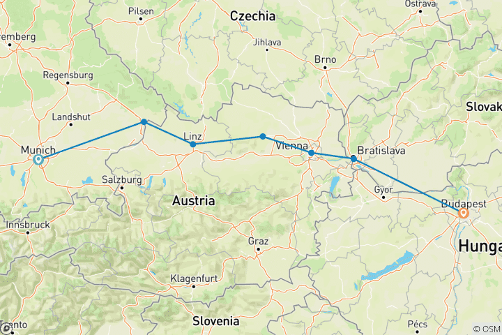 Map of Christmas Markets on the Danube 2026 - 8 Days (from Munich to Budapest)