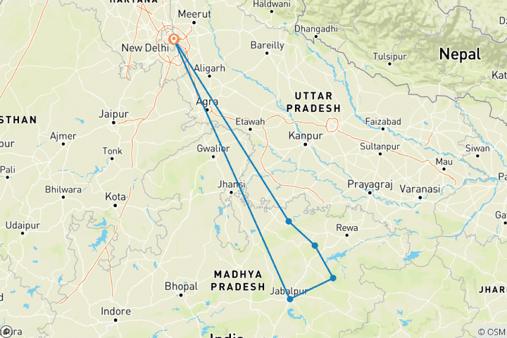 Kaart van India – tijger-safari rondreis – met Khajuraho