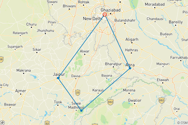 Mapa de Excursión Privada de 4 Días al Triángulo de Oro con Safari de Tigres de Ranthambore desde Delhi