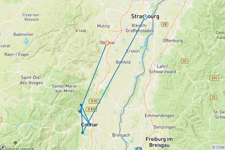 Map of Alsace: land of tradition and gastronomy (port-to-port cruise) - FRANCE (from Strasbourg to Obernai)