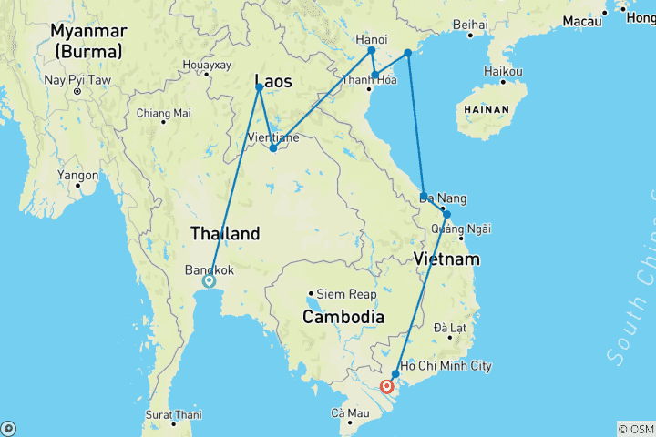 Map of Vibrant Thailand Laos Vietnam Tour in 20 Days