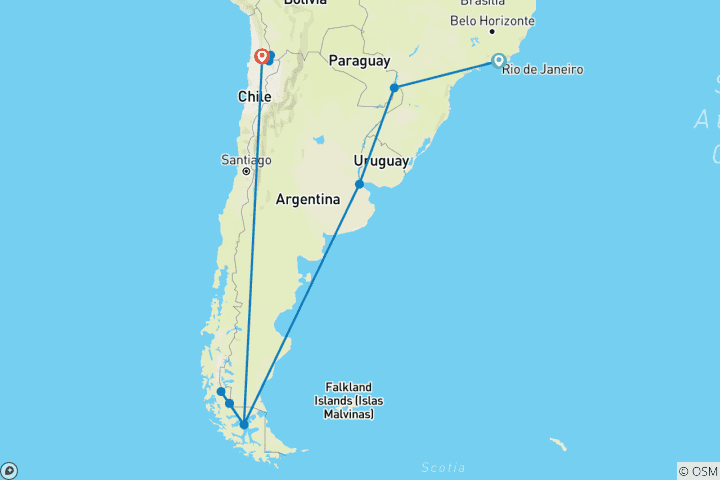 Karte von Brasilien, Argentinien & Chile:  Patagonia meets Iguazú Falls