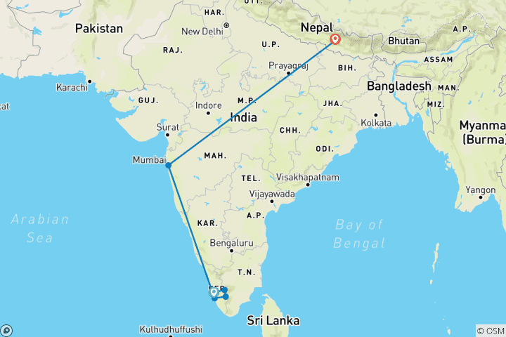 Kaart van Mumbai en Kerala rondreis met Nepal Darshan