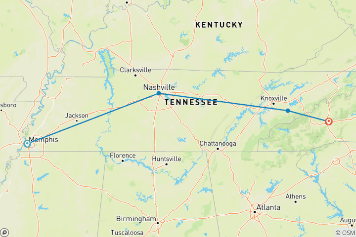 Map of Music Cities USA Tour featuring Memphis, Nashville & The Biltmore